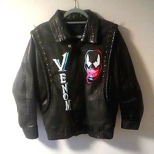 Black Spiked Hand Painted Leather Jacket (Genuine Leather) Venom Theme